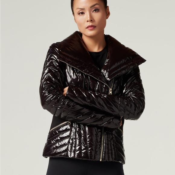 blanc noir Jackets & Blazers - Blanc Noir Motion Panel Shiny Puffer Jacket with storable hood
